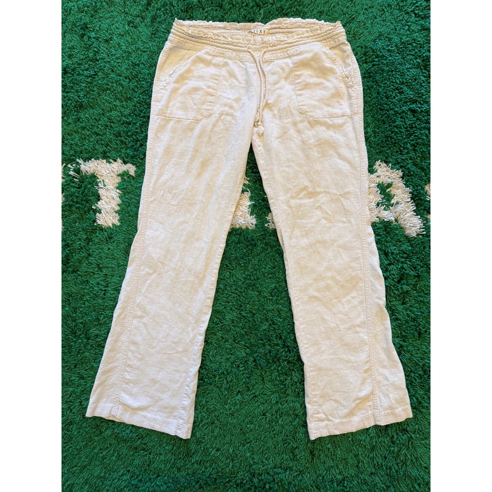 Roxy Linen Blend Pants Womens Large Beige Good Drawstring Beach Straight Leg